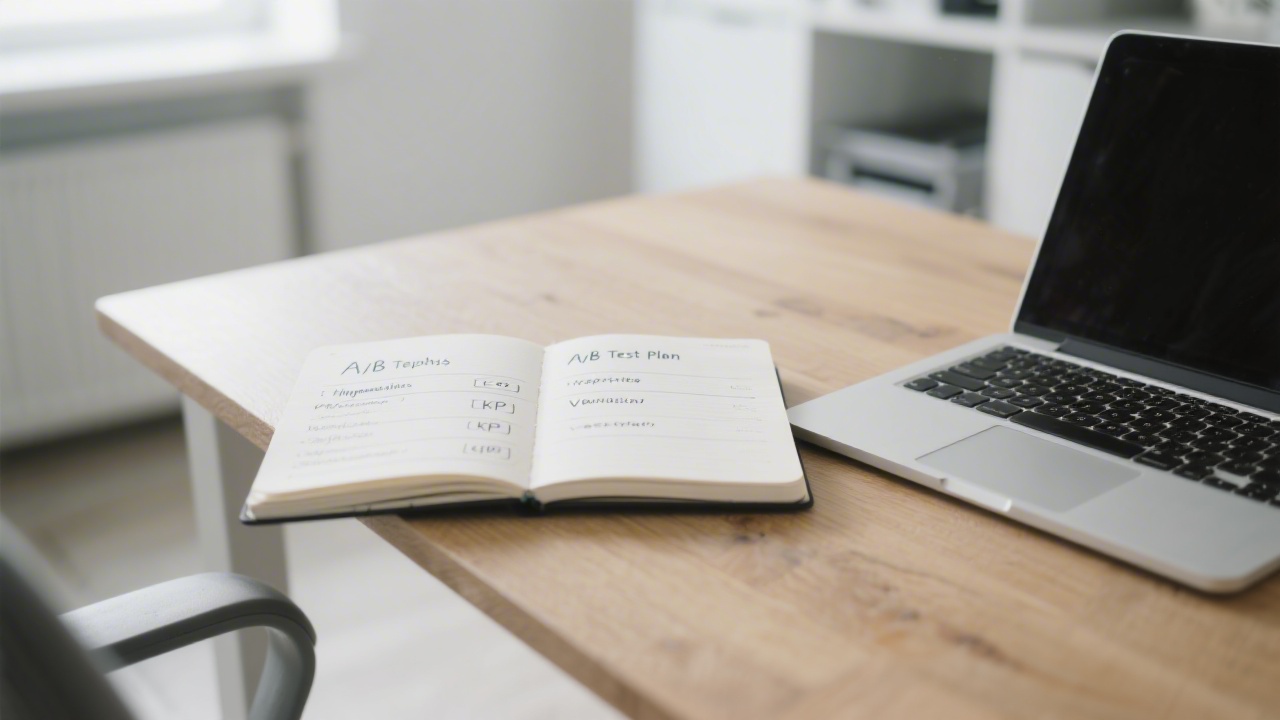 Notebook open to an A/B test plan with columns for hypothesis, variation, and KPI, placed beside a laptop on a wooden desk in a bright office.