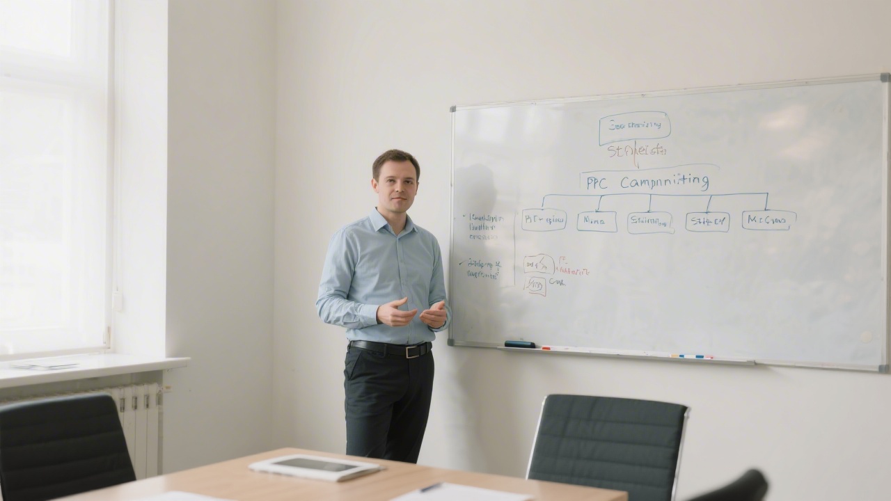 Instructor standing beside a whiteboard with PPC campaign structure notes, in a clean training room with neutral tones and a professional business atmosphere.