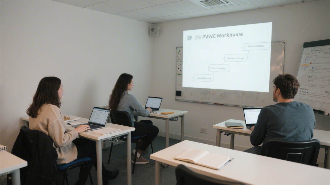 Small classroom setting with participants reviewing campaign plans on laptops, simple notebooks on desks, and a projector screen showing PPC workflow steps.