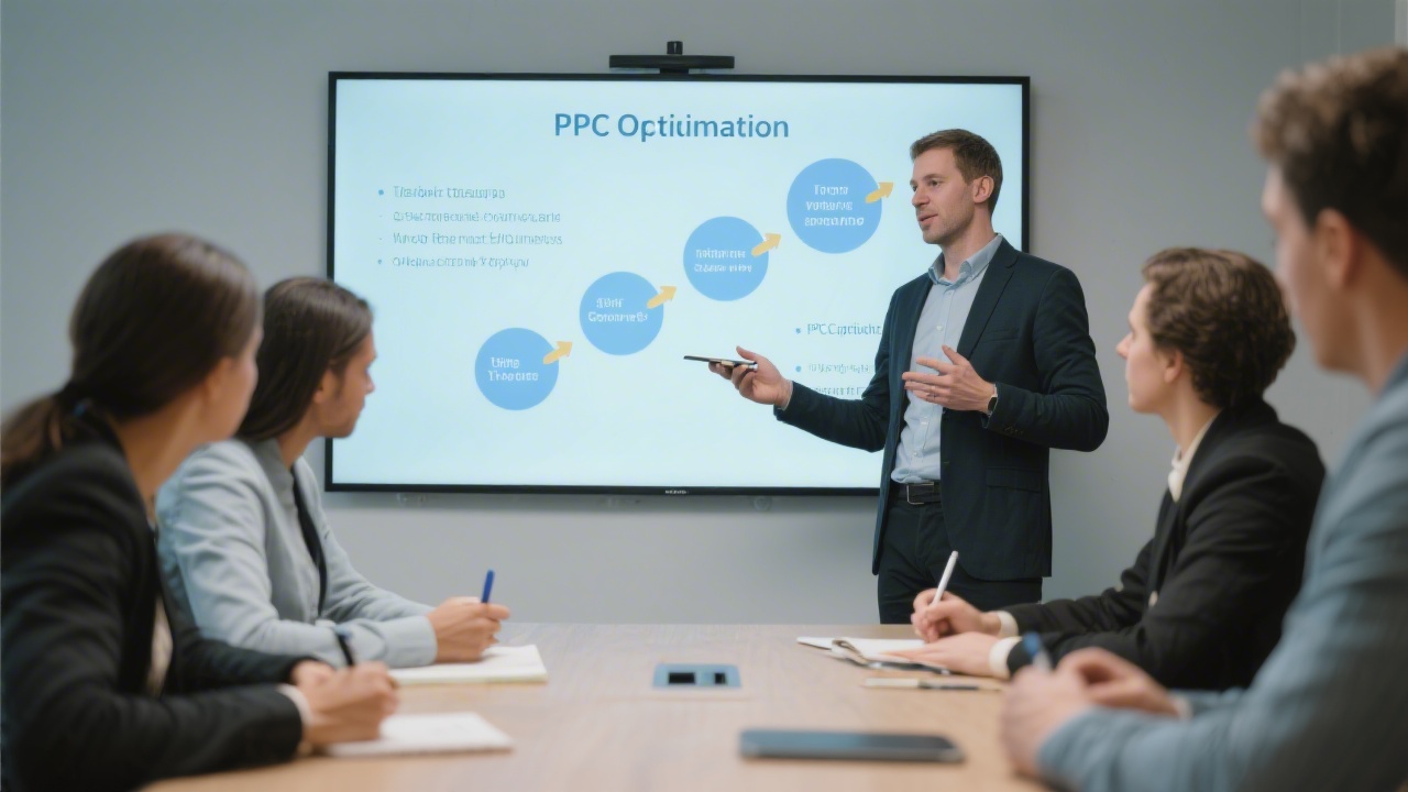 Trainer presenting PPC optimization steps on a large screen while participants take notes, showing a calm, professional session setup.