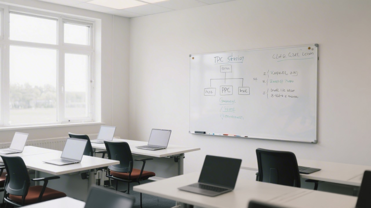 Modern training room in Limerick with laptops on a clean desk, simple notes on a whiteboard about PPC structure, and soft daylight creating a professional learning environment.
