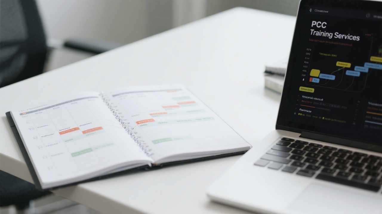 Planner open beside a laptop showing PPC schedule and campaign milestones, representing structured training services in a professional office setting.