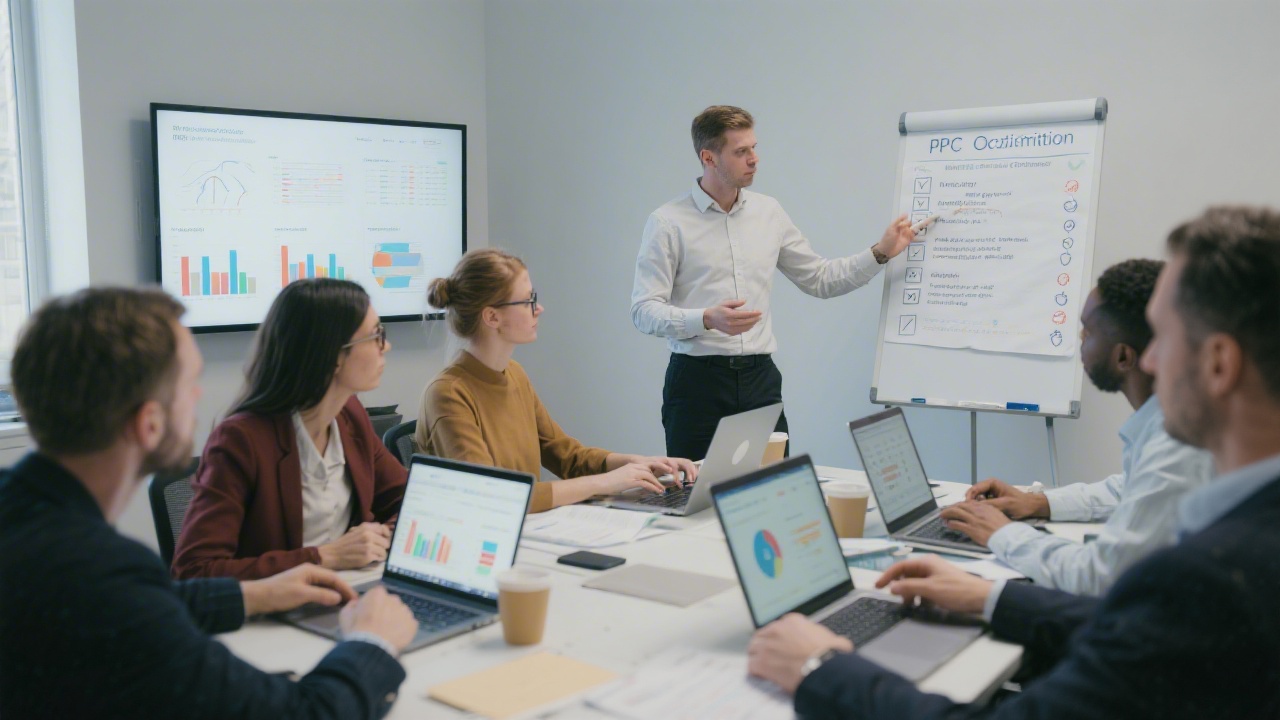 Group workshop scene with participants reviewing campaign reports on laptops and a facilitator guiding a PPC optimization checklist at the front of the room.